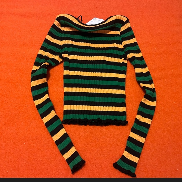 Zara striped black, green and orange ribbed long sleeve top NWT - Picture 8 of 9